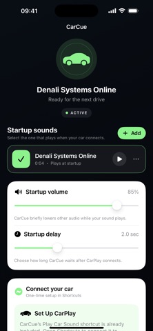 CarCue showing a selected startup sound, sound preview, and volume controls