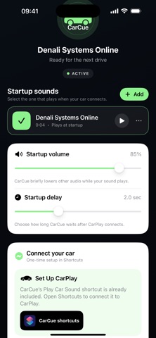 CarCue startup volume controls and Shortcuts setup card