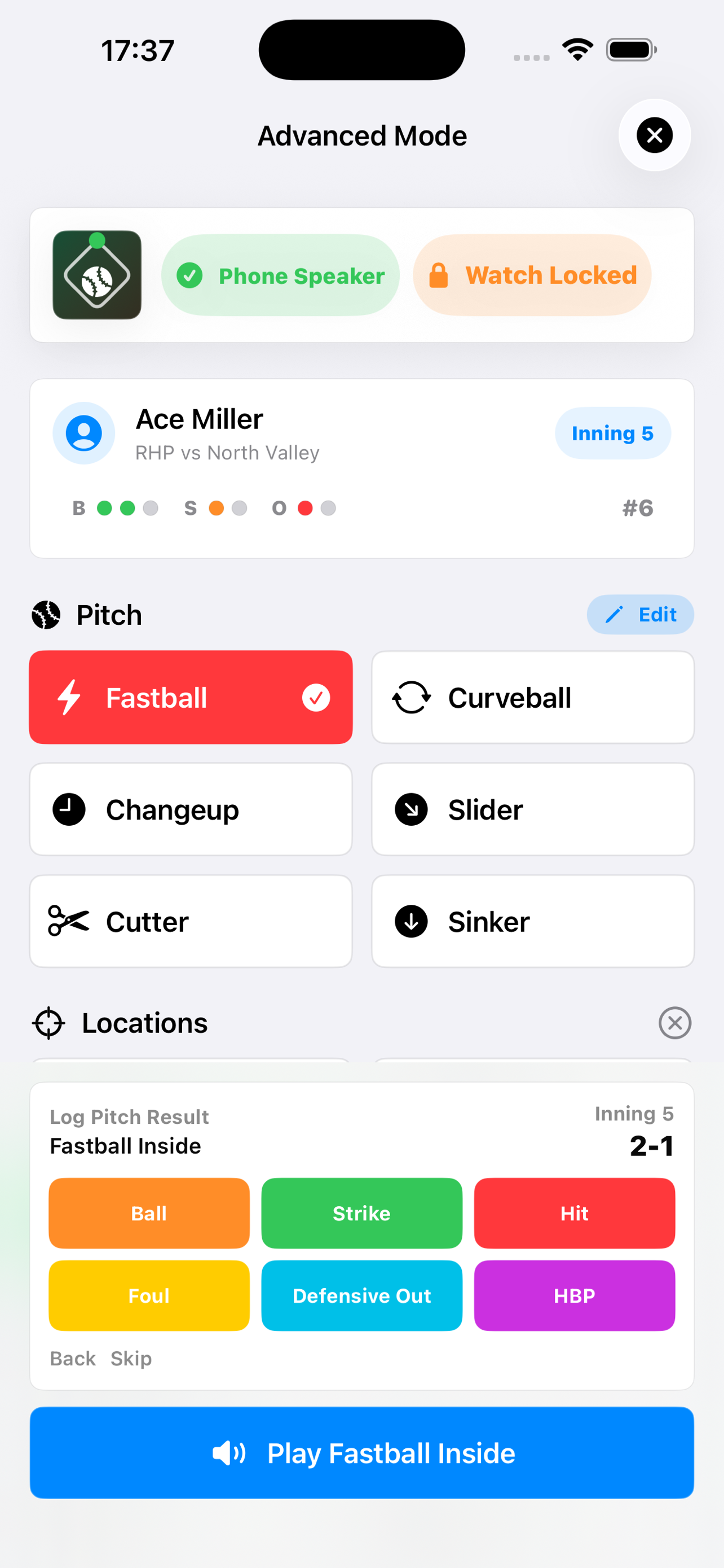 Dugout Comm Advanced Mode screen with pitch result logging buttons