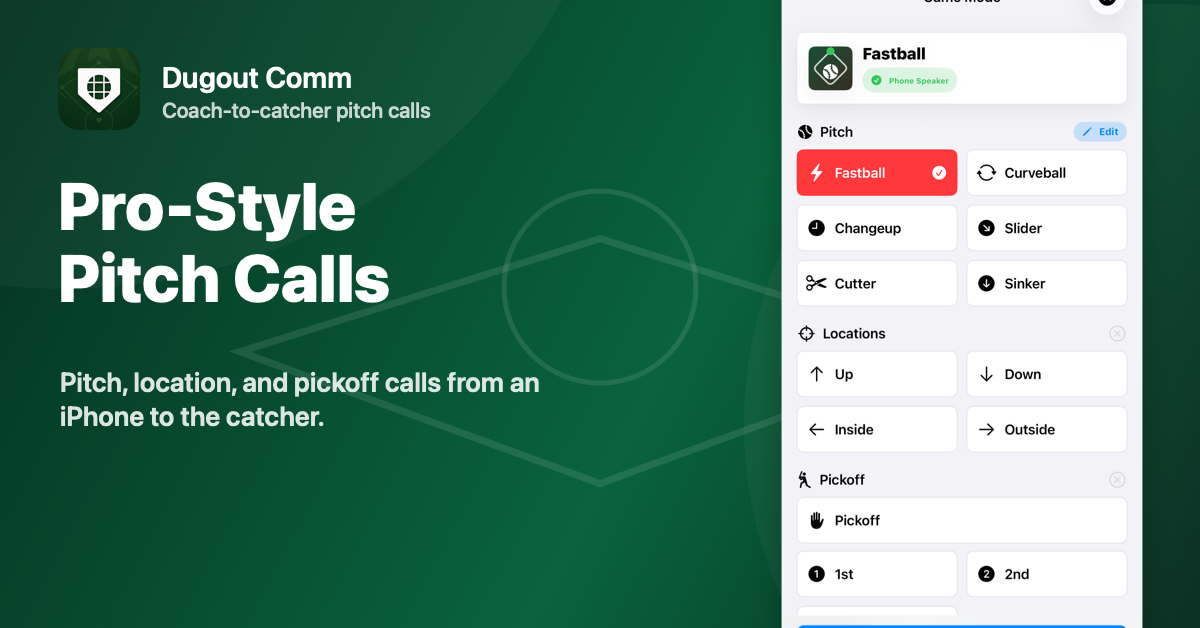 Dugout Comm app preview showing pro-style pitch call controls