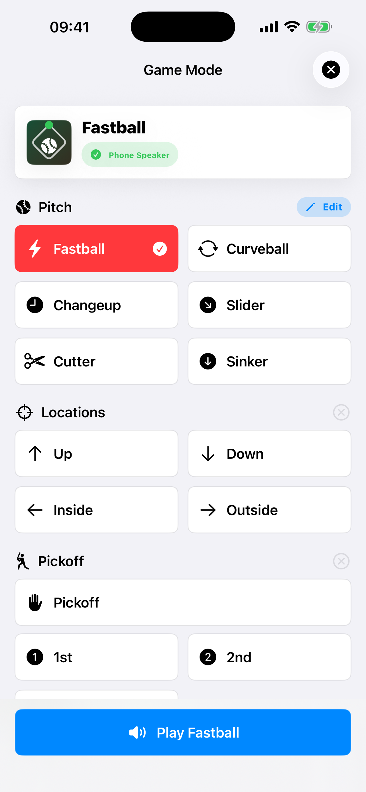 Dugout Comm game mode with Fastball selected and pitch, location, and pickoff controls