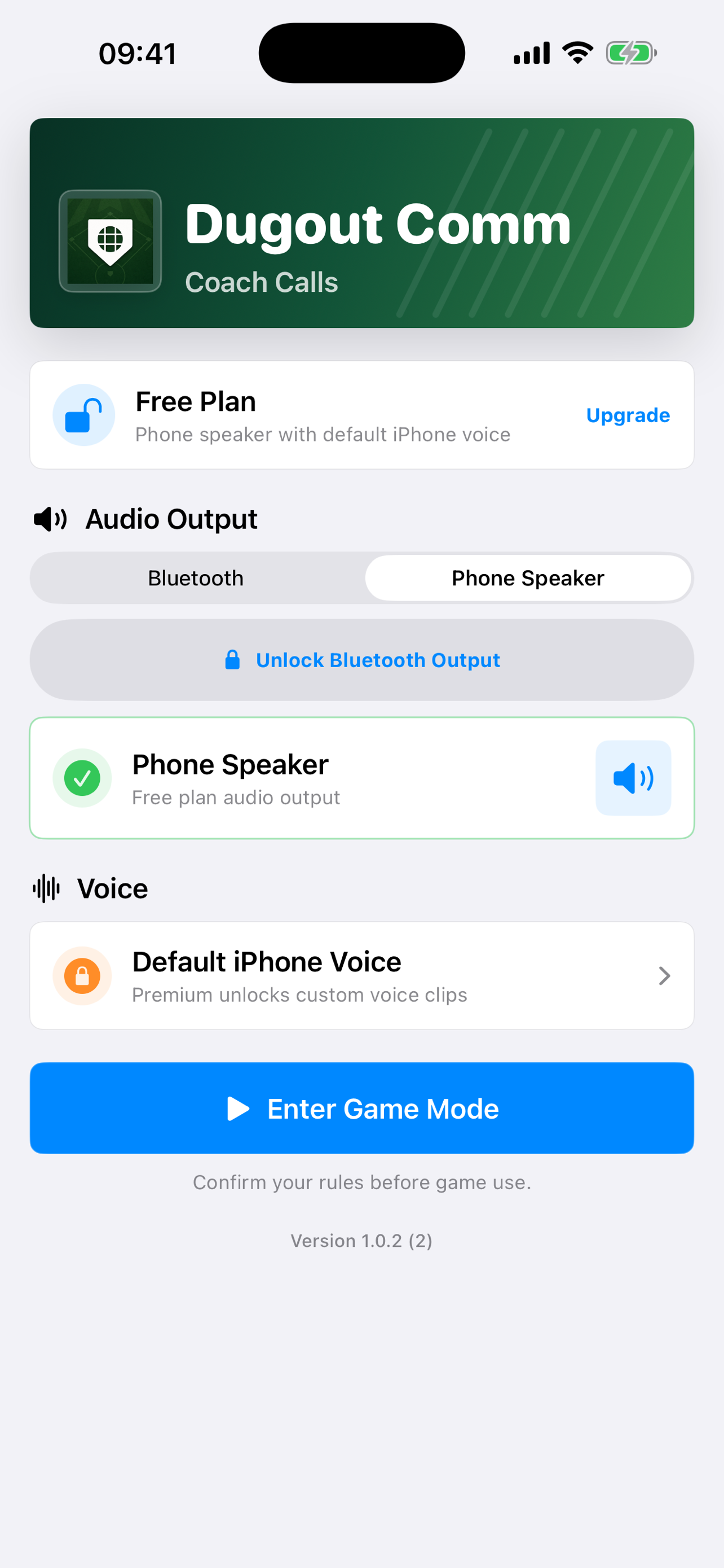 Dugout Comm home screen with Phone Speaker selected