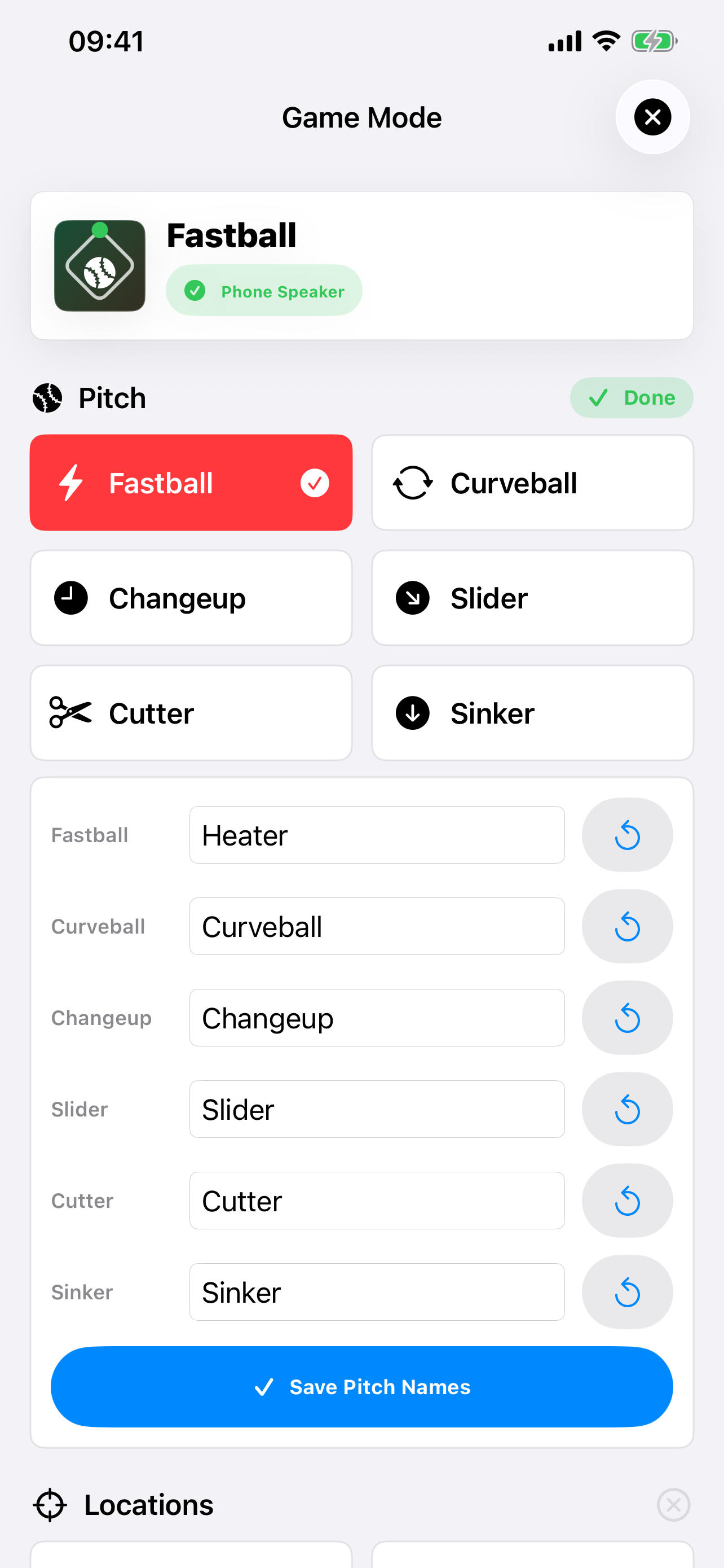 Dugout Comm pitch name editing screen