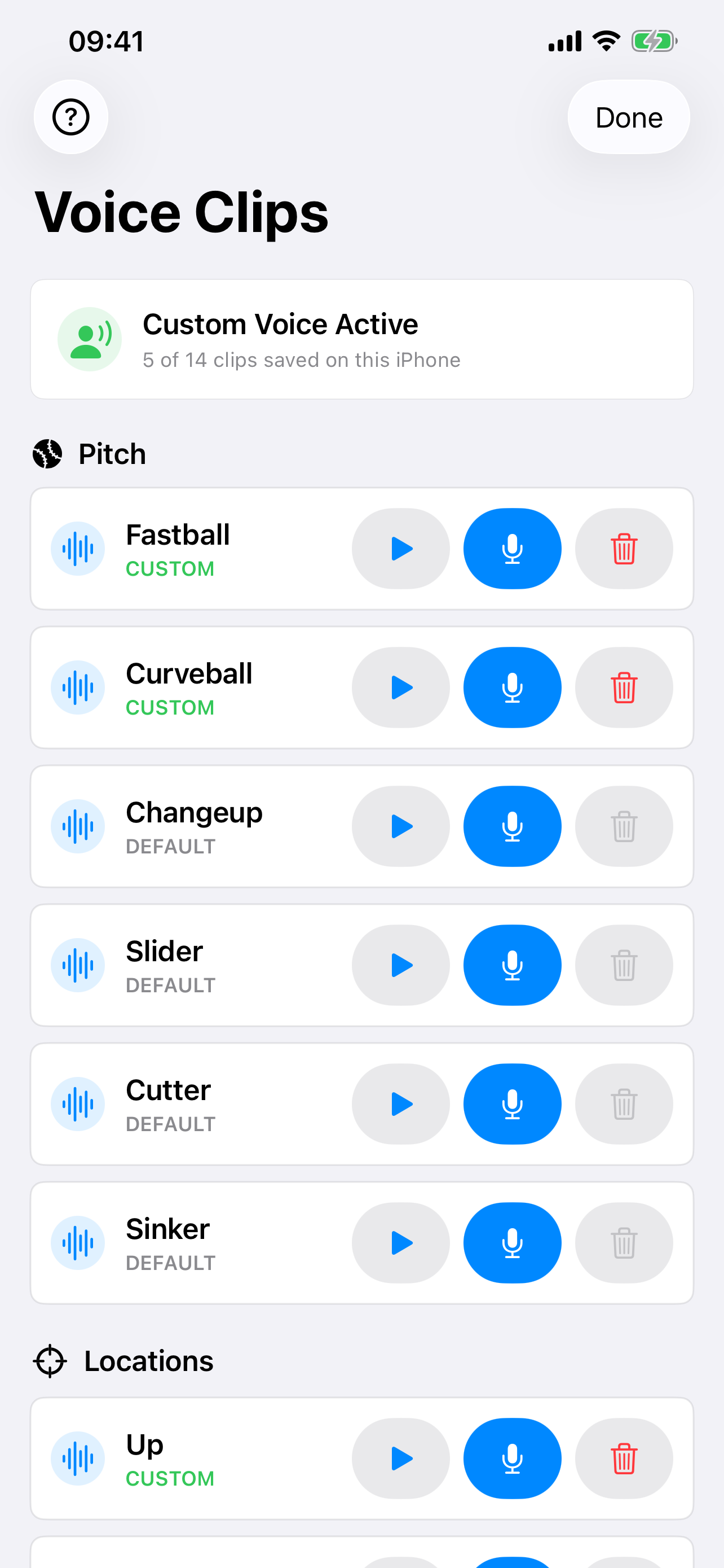 Dugout Comm custom voice clips screen