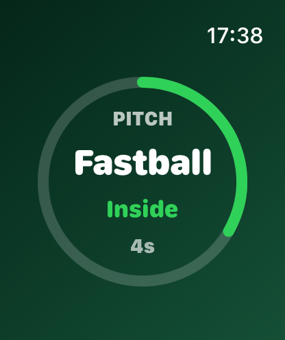 Dugout Comm Apple Watch screen showing a Fastball Inside pitch call