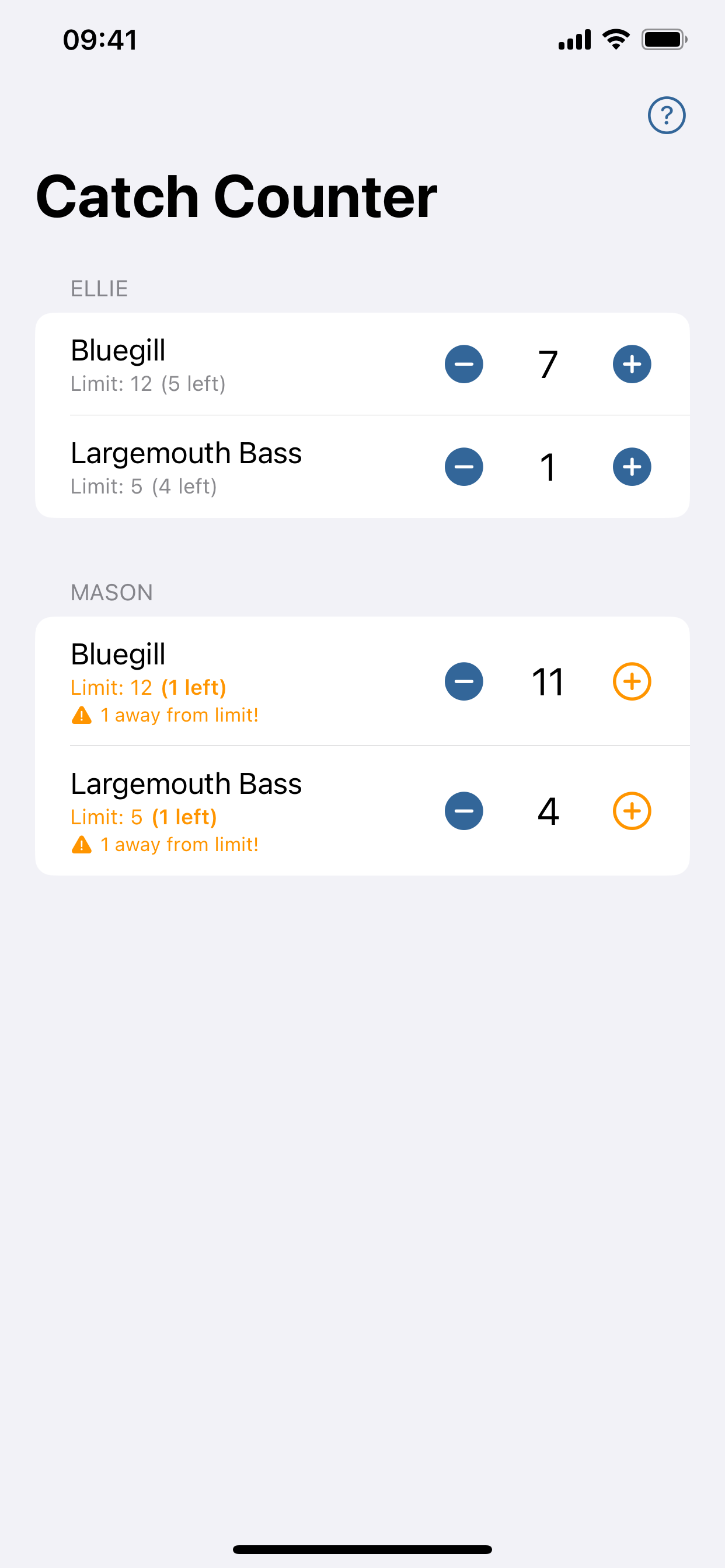 In The Well catch counter showing Bluegill and Largemouth Bass totals with limit warnings